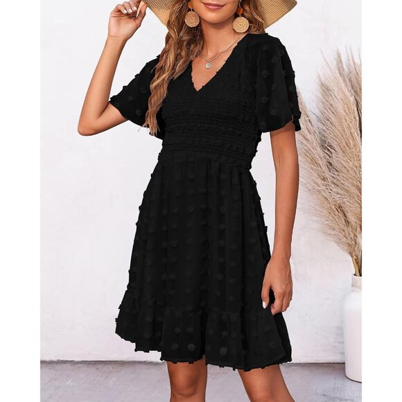 Women's Boho Summer Dress Polyester V Neck Flutter Short Sleeve Ruffled - Picture 2 of 8